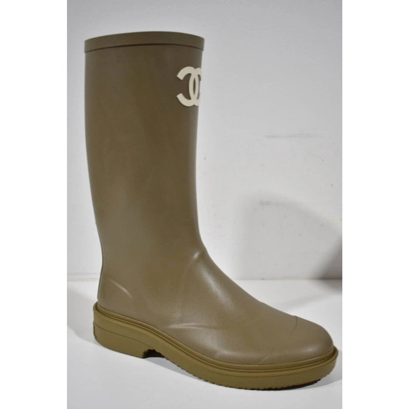 Chanel REV Dark Beige Caoutchouc White CC Logo High Pull On Rubber Rain Boots 36 - Picture 4 of 12
